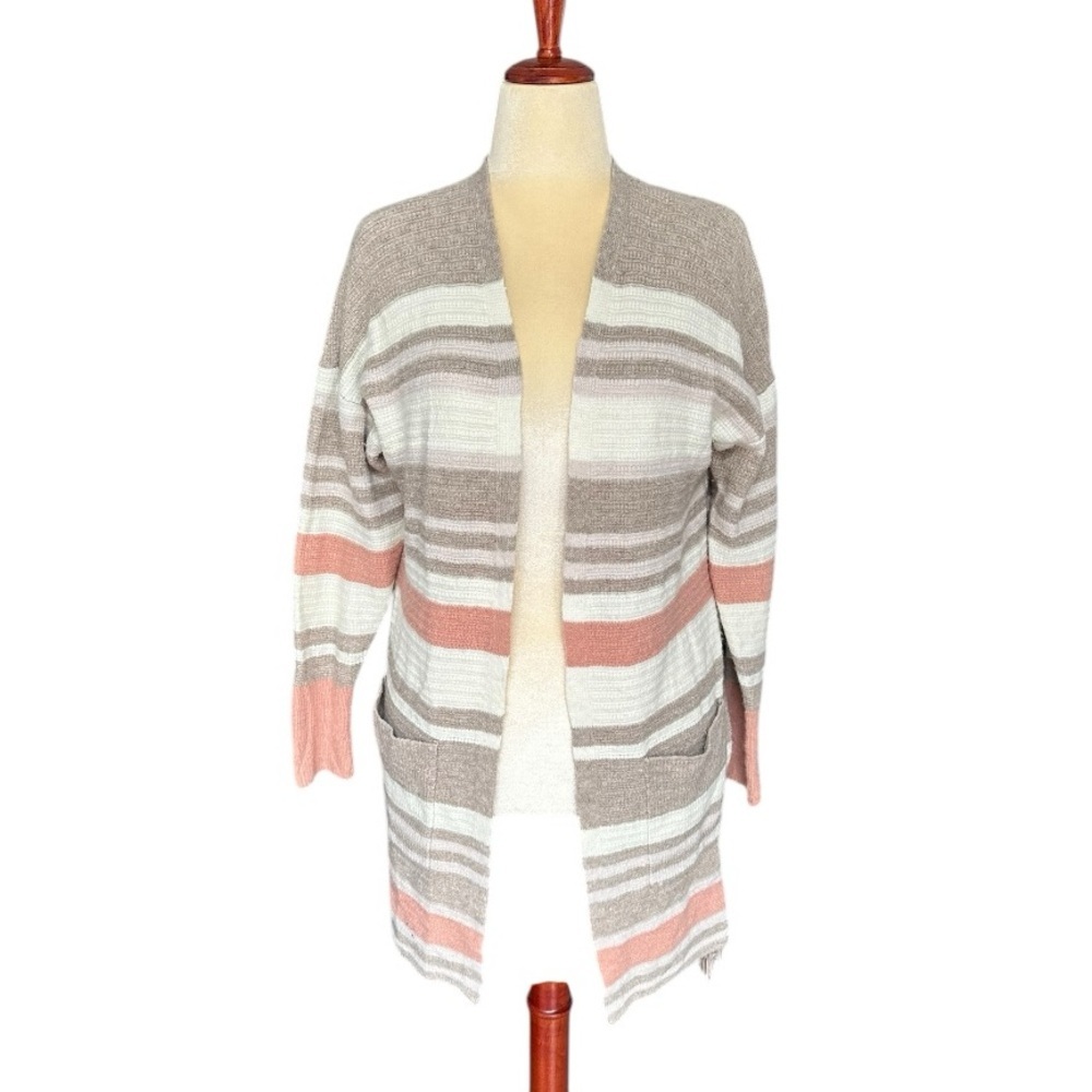 Lucky Brand Striped Open Front Cardigan Sweater Pastel Taupe Pink Wool Linen Med - Picture 7 of 16